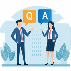 Question and answer, Q&A session, FAQ, frequently asked questions, discussion to get solution to solve problem, brainstorm conversation or quiz concept, businessman and woman ask and answer question