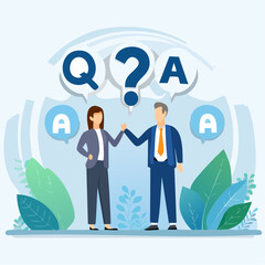 Question and answer, Q&A session, FAQ, frequently asked questions, discussion to get solution to solve problem, brainstorm conversation or quiz concept, businessman and woman ask and answer question