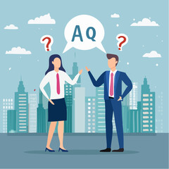 Question and answer, Q&A session, FAQ, frequently asked questions, discussion to get solution to solve problem, brainstorm conversation or quiz concept, businessman and woman ask and answer question