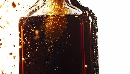 Amber liquid pouring from a vintage bottle
