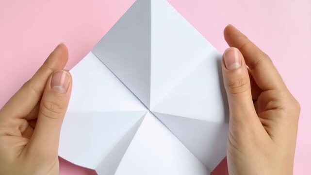 Fingers holding a folded paper fortune teller on a pink surface, with a central geometric design showing origami techniques, handmade craft, and childhood games