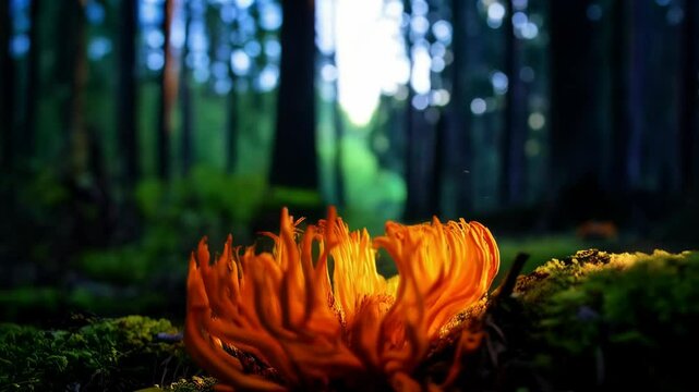 Glowing Cordyceps Fungus in a Dimly Lit Forest Undergrowth with Soft Sunlight Filtering Through the Trees