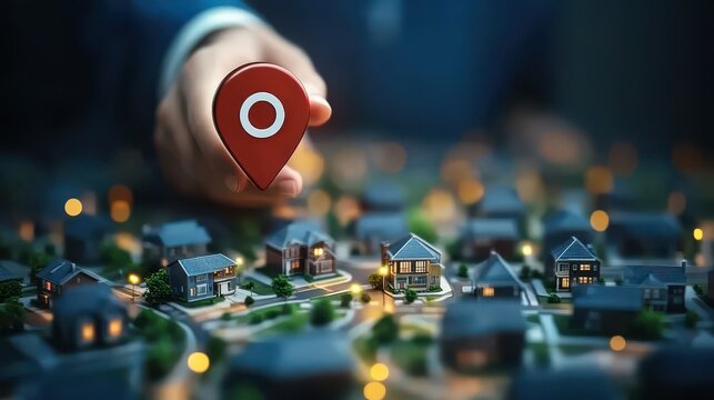 Real estate location concept with GPS pin and house icons, representing property search, map-based home listings, and smart housing navigation.