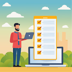 Mailing list to send email campaign, subscription email management software, sending promotion or communicate marketing message concept, businessman with mailing list computer laptop sending emai