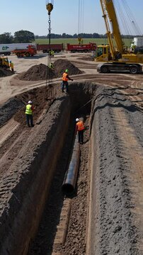Construction crew installs new pipeline in rural area during sunny day