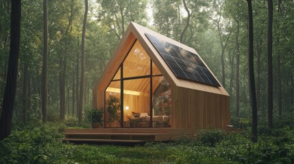 Modern eco-friendly cabin with solar panels in lush green forest surrounded by trees and natural sunlight filtering through