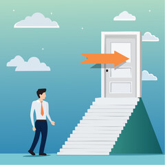 Obraz premium Stairway to new opportunity, success path or open door to career chance, leadership improvement, progress or solving problem concept, businessman open arrow up door to walk up stair to succes