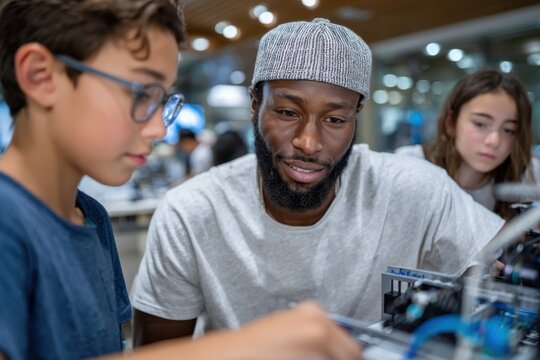A mentor guides a young student in a creative workshop focused on robotics, showcasing the importance of education and teamwork in technology and engineering fields.