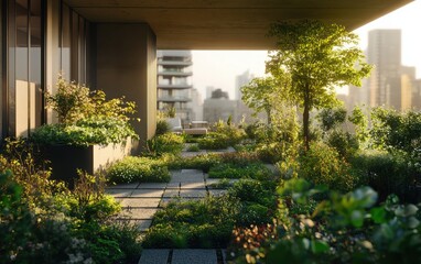 Fototapeta premium A realistic scene focused on urban green spaces and rooftop gardens captured with natural lighting and depth.