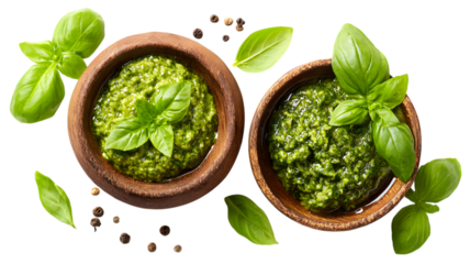 Vibrant pesto bowls fresh basil leaves and black peppercorns composition isolated on a black surface for culinary and food related concepts.