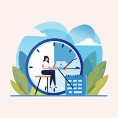 Part-time job, work tracking system, day planning or time management, side hustle or office work deadline, start and end time schedule concept, businesswoman working with laptop on split time cloc
