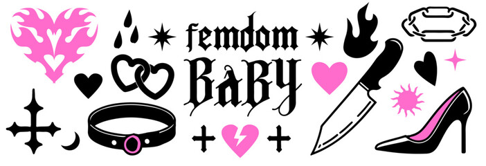 Vector illustration in bold line modern Y2K tattoo style, with black and vibrant pink colors. It shows hearts, crosses, collar, shoe, flames echoing up-to-date alt and pop trends.