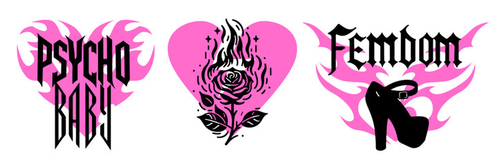 eVector illustration in bold gothic tattoo style, featuring black and pink. It includes flame hearts, roses, platform shoe, and stylized text, reflecting the edgy alt-pop and graphic design trends.