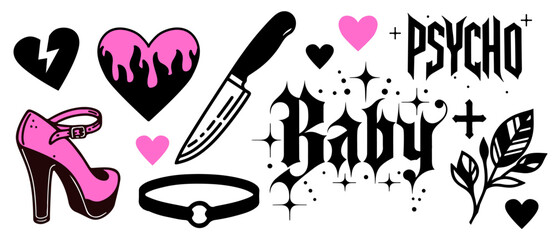Vector illustration in bold tattoo-inspired style. Features hearts, knife, platform shoe, collar, leaves, stars, and gothic-type text, fitting current alt-pop graphics.
