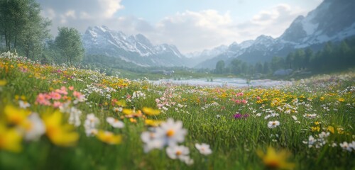 A realistic scene focused on wildflowers and biodiversity in untouched meadows captured with natural lighting and depth.