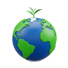 3D Globe with Sprouting Plant &ndash; Eco Planet Growth, Green Future Vision, Environmental Awareness Icon Isolated on Transparent Background
