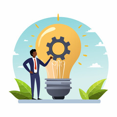 Innovation or product development, idea or solution to solve business problem, invention or technology creation to build new product, efficiency concept, businessman build gear in lightbulb ide