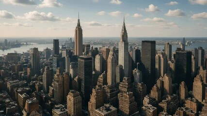 Aerial view of a bustling city skyline under a partly cloudy sky, capturing the iconic skyscrapers in a cinematic video style. Live desktop wallpaper. - Powered by Adobe
