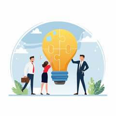 Team building, team collaboration for business idea, teamwork to solve problem, strategy plan to work together for success concept, businessmen and businesswomen team up to solve lightbulb jigsa