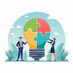 Team building, team collaboration for business idea, teamwork to solve problem, strategy plan to work together for success concept, businessmen and businesswomen team up to solve lightbulb jigsa