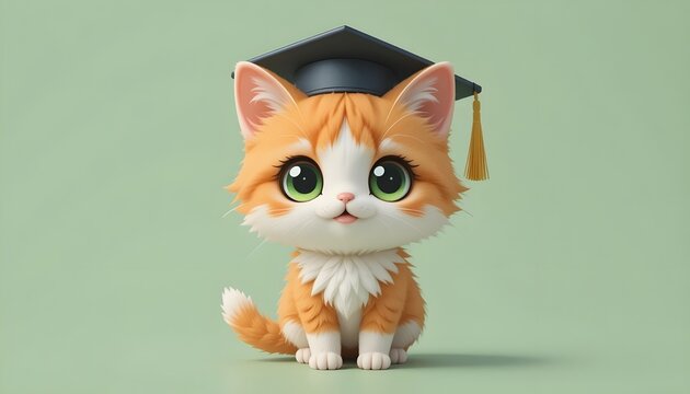 Chibi-style cute cat with oversized green eyes and a fluffy orange and white coat, wearing a small graduation hat.
