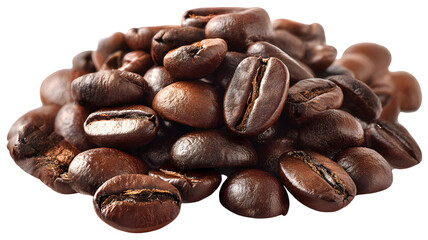 Obraz premium A close up shot of roasted coffee beans piled together against a isolated on white transparent background perfect for coffee shops and product advertisements