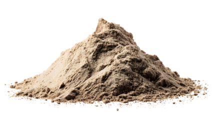 A close up shot of pile of sand or soil against isolated on white transparent background showing detailed texture and composition