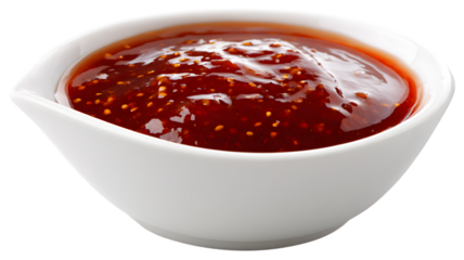 A close up view of a small white bowl filled with sweet chili sauce against a isolated on white transparent background ideal for culinary and food related concepts