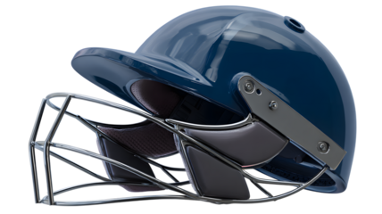 A close-up studio shot of a blue cricket helmet with protective faceguard isolated against a isolated on white transparent background emphasizing safety and sports equipment.