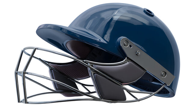 A close-up studio shot of a blue cricket helmet with protective faceguard isolated against a isolated on white transparent background emphasizing safety and sports equipment. - Powered by Adobe