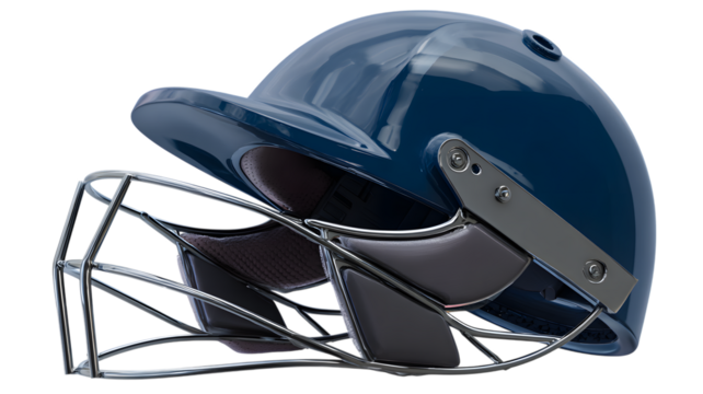 A close-up studio shot of a blue cricket helmet with protective faceguard isolated against a isolated on white transparent background emphasizing safety and sports equipment.