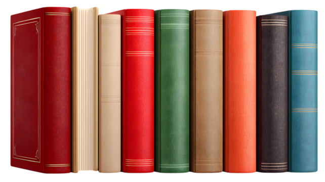 A collection of colorful books lined up neatly against a isolated on white transparent background representing reading and education