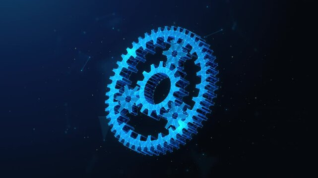 Lowpoly Planetary Gearshift Spinning In The Center - Animation Loop. Abstract animated concept depicting synergy partnership, corporate collaboration and teamwork by wireframe mesh on blue background
