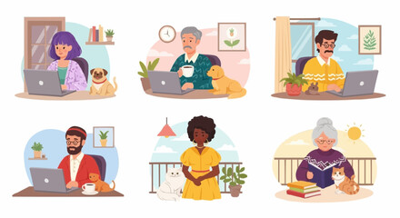 Fototapeta na wymiar Diverse people working from home with pets using laptop for remote work and online meetings illustration