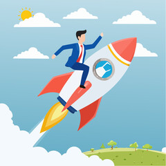 Success achievement, boost growth development to reach target, leadership to win business challenge, startup, entrepreneur or ambition to win, businessman riding fast rocket to reach success sta