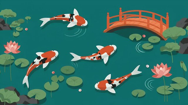 Koi Fish Swimming in Pond with Bridge and Lotus Flowers Animation
