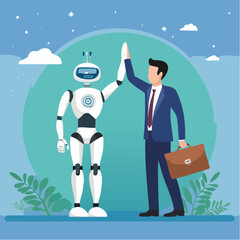 Working together with AI Artificial Intelligence, human cooperate with machine or robot, AI help or support coworker, assistance or partnership concept, businessman hand high five with robot han