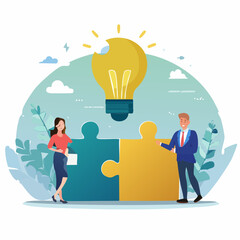 Idea brainstorming, cooperation or collaboration to get solution, teamwork or team meeting to develop idea together, employee participation concept, business people connect lightbulb jigsaw puzzl