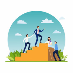 Fototapeta premium Collaborative Teamwork for Achieving Success, Business Growth through Collective Support, Employees Assisting Each Other to Ascend, Team Achievement Concept