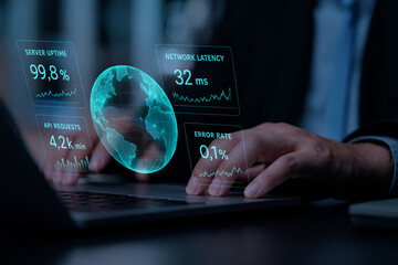 Holographic Network Operations Dashboard with Uptime, Latency, API Request Rate, and Error Metrics...