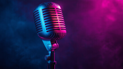 A retro microphone silhouette radiates with a colorful glow, combining vintage charm with vibrant modern energy.
