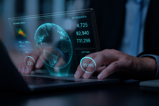 Holographic Global Network Monitoring Dashboard with Real-Time Latency, API Requests, Uptime, and Error Rate Visualizations Projected Over Laptop Keyboard