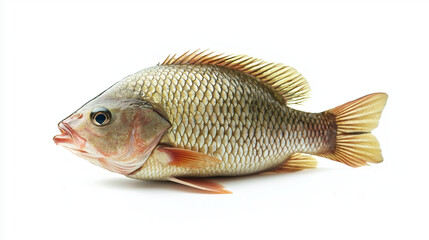Fototapeta premium A fresh tilapia fish displayed on a clean white background, showcasing its sleek, silvery body. 