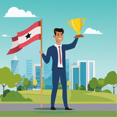 Leadership team leader to lead team to success, company ceo win business competition together, management or professional to reach goal or achievement, businessman leader hold winning flag with tea