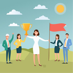 Leadership team leader to lead team to success, company ceo win business competition together, management or professional to reach goal or achievement, businessman leader hold winning flag with tea
