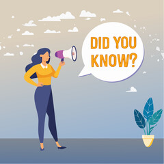 Did you know, fun fact, idea or advice message, useful knowledge or wisdom, expert information, explanation or solution, useful tips concept, woman talk on megaphone on did you know speech bubbl