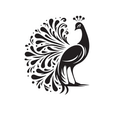 Elegant Peacock Silhouette Vector Art – Regal Bird Design with Flowing Tail Feathers, Minimalist Black Outline Perfect for Royal Themes, Wildlife Graphics, Cultural Decor, and Logos
