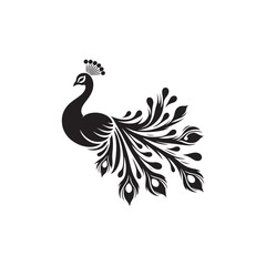 Fototapeta premium Elegant Peacock Silhouette Vector Art – Regal Bird Design with Flowing Tail Feathers, Minimalist Black Outline Perfect for Royal Themes, Wildlife Graphics, Cultural Decor, and Logos 