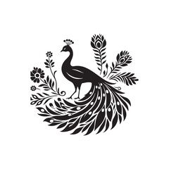 Elegant Peacock Silhouette Vector Art &ndash; Regal Bird Design with Flowing Tail Feathers, Minimalist Black Outline Perfect for Royal Themes, Wildlife Graphics, Cultural Decor, and Logos
