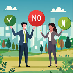 Yes, No argument or disagreement, conflict fight debate, dilemma, dispute or office rivalry war, struggle, negative discussion concept, businessman and woman arguing or fight with yes and no sig